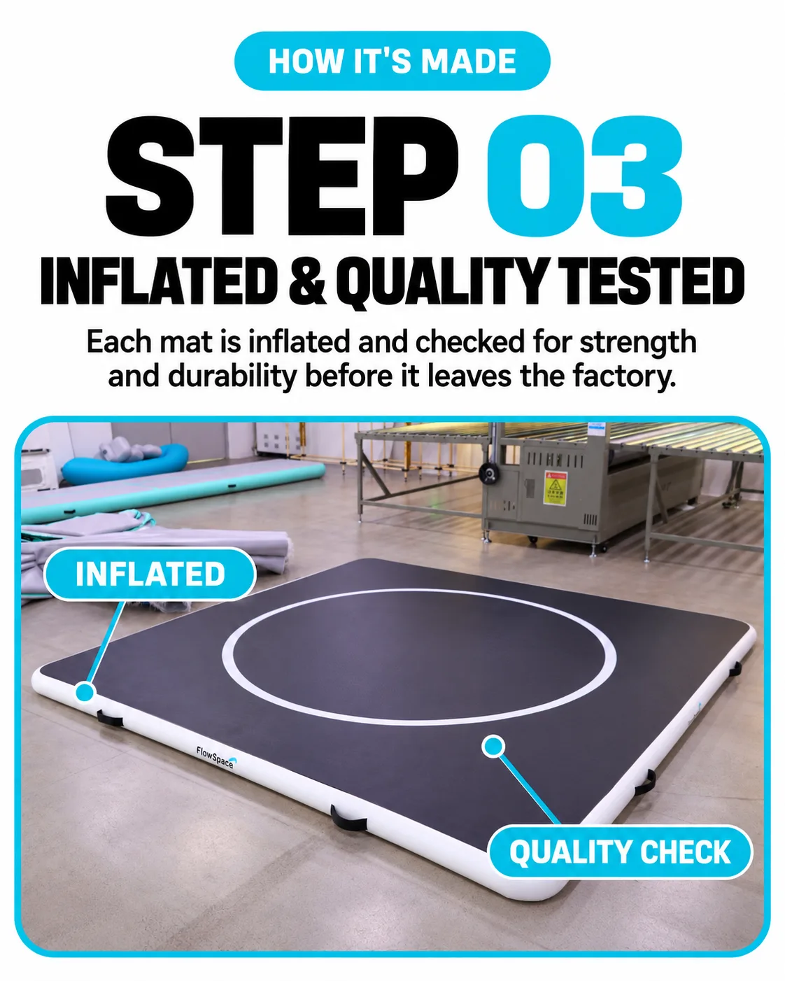 A finished mat inflated on the factory floor with its competition circle, during its quality check.