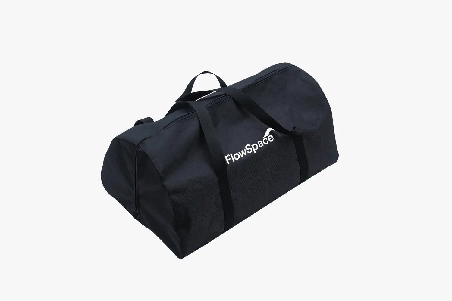 Black duffel bag with 'FlowSpace' logo on a white background