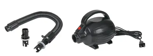 Black air pump with hose and attachments on a white background