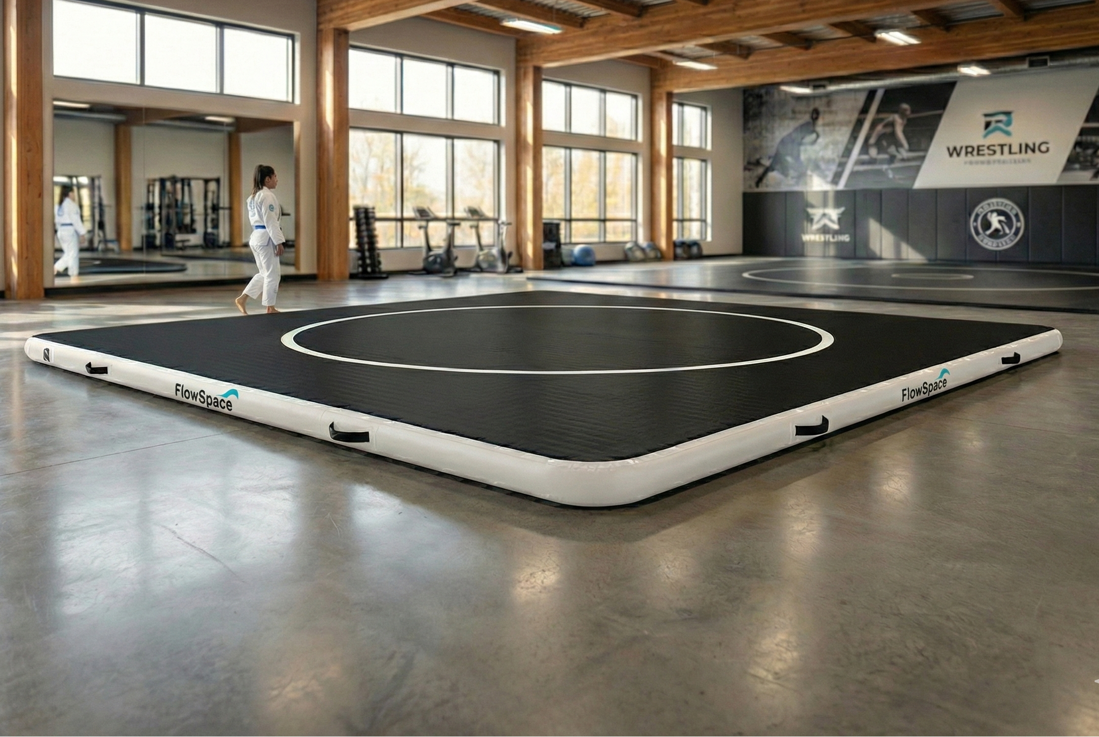 Wrestling mat in a gym setting with large windows and wooden beams.
