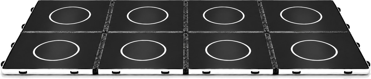 The 40 by 80 tournament floor: eight black Elite 20 by 20 FlowMats in two rows of four, joined with velcro connectors